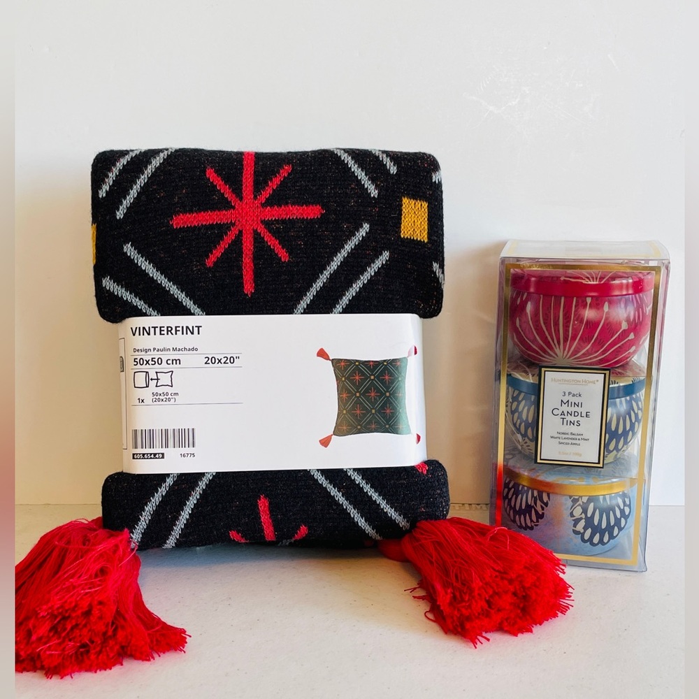 NWT 2 ITEM HOLIDAY BUNDLE IKEA VINTERFINT PILLOW COVER + 3 PACK CANDLE TIN